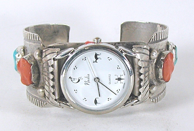 Turquoise, coral, sterling silver watch cuff 6 3/4 inch