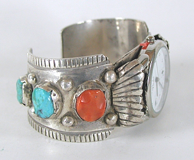 Turquoise, coral, sterling silver watch cuff 6 3/4 inch