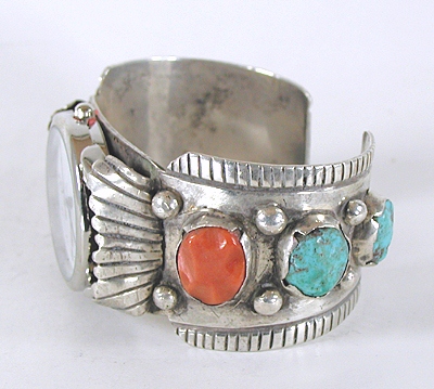Turquoise, coral, sterling silver watch cuff 6 3/4 inch
