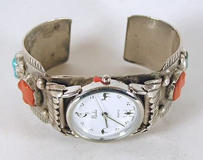 Turquoise, coral, sterling silver watch cuff 6 3/4 inch