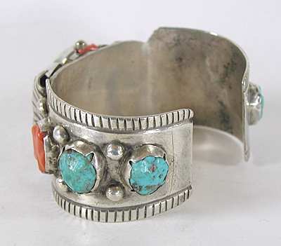 Turquoise, coral, sterling silver watch cuff 6 3/4 inch