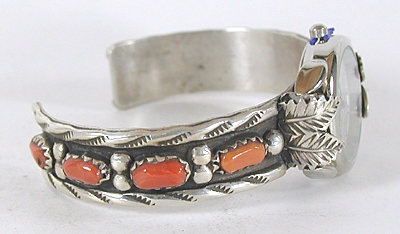Authentic Native American Coral sterling silver watch cuff 6 1/2 inches by Zuni Wayne Calavaza