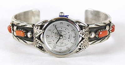 Authentic Native American Coral sterling silver watch cuff 6 1/2 inches by Zuni Wayne Cheama
