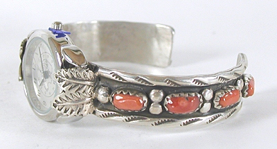 Authentic Native American Coral sterling silver watch cuff 6 1/2 inches by Zuni Wayne Cheama