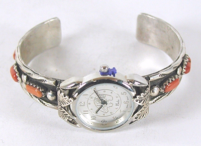 Authentic Native American Coral sterling silver watch cuff 6 1/2 inches by Zuni Wayne Cheama