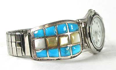 Vintage sterling silver and cobblestone inlay watch tips with expansion band and timepiece
