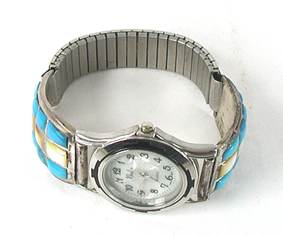 Vintage sterling silver and cobblestone inlay watch tips with expansion band and timepiece