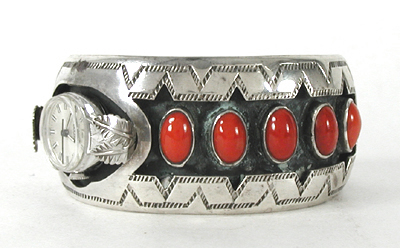 Sterling silver and coral sidewinder watch cuff 6 1/4 inch by Navajo silversmith Wilbur Musket