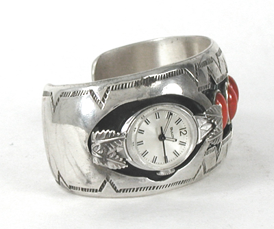Sterling silver and coral sidewinder watch cuff 6 1/4 inch by Navajo silversmith Wilbur Musket
