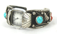Sterling silver, turquoise and coral watch cuff 6 1/4 inch 
