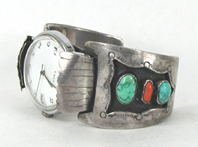 Sterling silver, turquoise and coral watch cuff 6 3/4 inch 