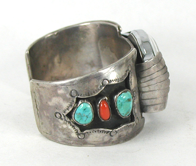 Sterling silver, turquoise and coral watch cuff 6 3/4 inch 