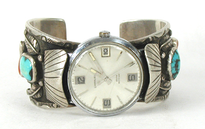 Sterling silver, turquoise and coral watch cuff 7 inch 