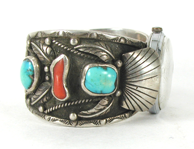 Sterling silver, turquoise and coral watch cuff 7 inch 