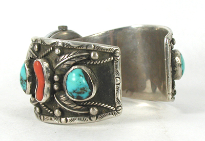 Sterling silver, turquoise and coral watch cuff 7 inch 