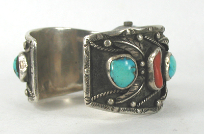 Sterling silver, turquoise and coral watch cuff 7 inch 
