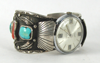Sterling silver, turquoise and coral watch cuff 7 inch