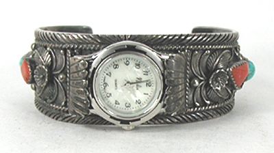 Sterling silver, turquoise and coral watch cuff 6 5/8 inch 