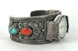 Sterling silver, turquoise and coral watch cuff 6 5/8 inch 