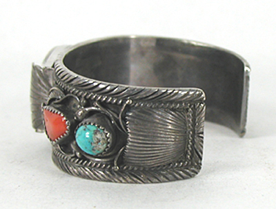 Sterling silver, turquoise and coral watch cuff 6 5/8 inch 