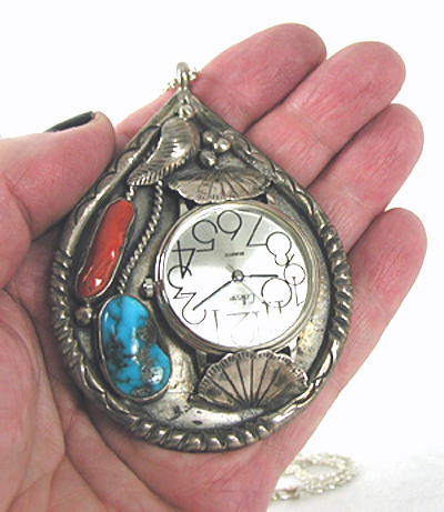 Sterling silver, turquoise and coral reversible watch pendant with chain
