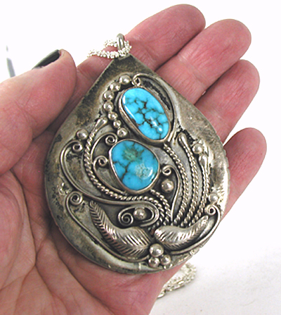 Sterling silver, turquoise and coral reversible watch pendant with chain