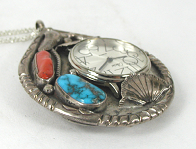 Sterling silver, turquoise and coral reversible watch pendant with chain