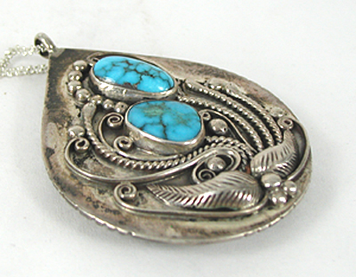 Sterling silver, turquoise and coral reversible watch pendant with chain