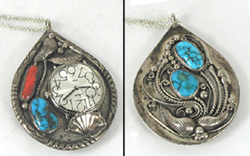 Sterling silver, turquoise and coral reversible watch pendant with chain
