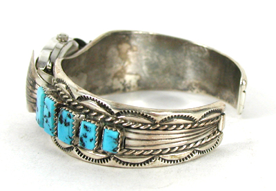 Authentic Native American Turquoise sterling silver watch cuff 7 1/8 inches by Navajo Tommy Tso