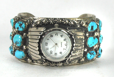 Authentic Native American Turquoise sterling silver watch cuff 6 5/8 inches by Navajo Tommy Moore