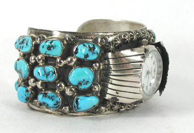 Authentic Native American Turquoise sterling silver watch cuff 6 5/8 inches by Navajo Tommy Moore