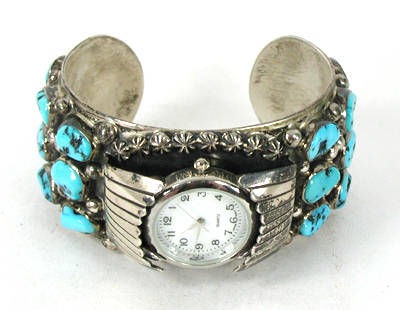 Authentic Native American Turquoise sterling silver watch cuff 6 5/8 inches by Navajo Tommy Moore