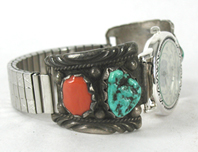 vintage sterling silver turquoise and coral watch tips with expansion band and timepiece by Navajo artisan Harrison Largo