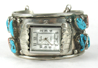 Sterling silver, Turquoise and Coral Watch cuff 7 inch 