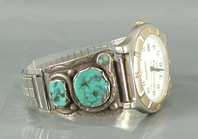 vintage sterling silver turquoise watch tips with expansion band and timepiece by Zuni artisan Effie Calavaza