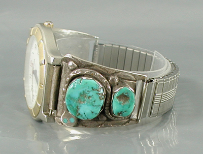vintage sterling silver turquoise watch tips with expansion band and timepiece by Zuni artisan Effie Calavaza