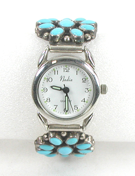 authentic Native American ladies watch with Turquoise clusters by Navajo silversmith LaRose Ganadonegro