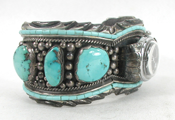 authentic Native American sterling silver and turquoise Watch Cuff by Navajo silversmith Henry Yazzie