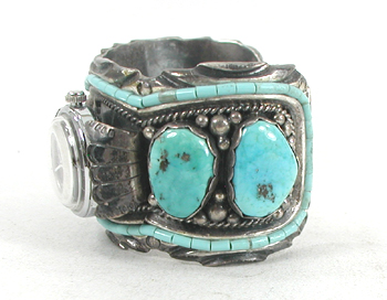 authentic Native American sterling silver and turquoise Watch Cuff by Navajo silversmith Henry Yazzie