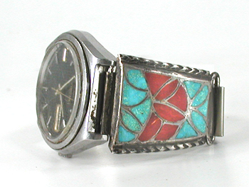 Vintage sterling silver inlay watch tips with expansion band and Seiko timepiece.