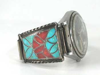 Vintage sterling silver inlay watch tips with expansion band and Seiko timepiece.