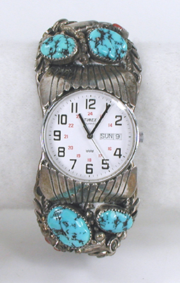 sterling silver bear claw watch cuff with turquoise and coral size 7 3/4 inch
