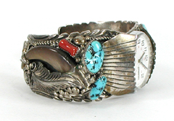 sterling silver bear claw watch cuff with turquoise and coral size 7 3/4 inch