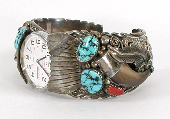 sterling silver bear claw watch cuff with turquoise and coral size 7 3/4 inch