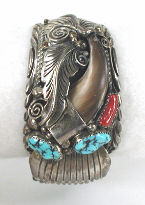 sterling silver bear claw watch cuff with turquoise and coral size 7 3/4 inch
