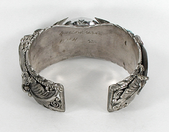 sterling silver bear claw watch cuff with turquoise and coral size 7 3/4 inch