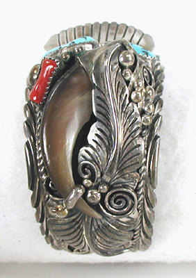 sterling silver bear claw watch cuff with turquoise and coral size 7 3/4 inch