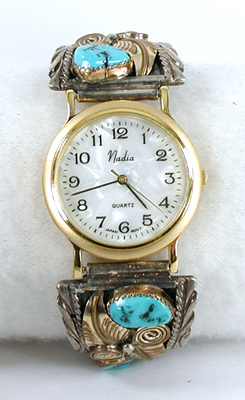 sterling silver and 12K gold-filled watch tips with turquoise stones