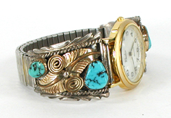Authentic  Native American sterling silver and 12K gold-filled watch tips with turquoise stones